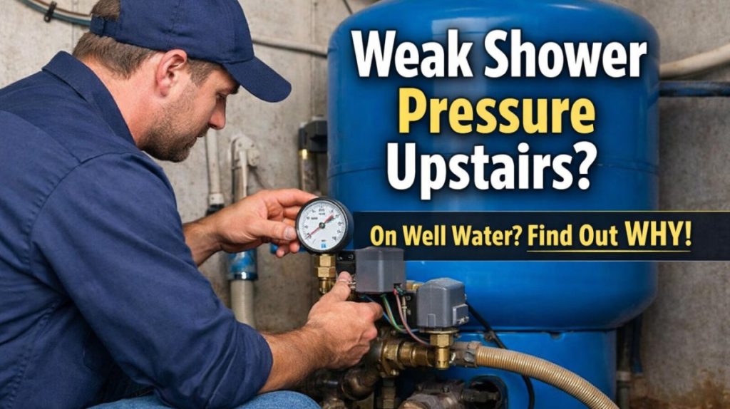 Technician checking a well pressure tank and gauge for weak upstairs shower pressure