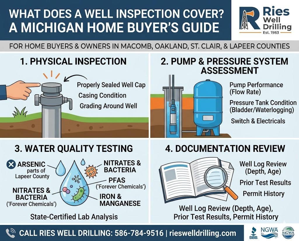 An infographic detailing the four parts of a professional well inspection: physical inspection, pump assessment, water quality testing for arsenic and PFAS, and documentation review.