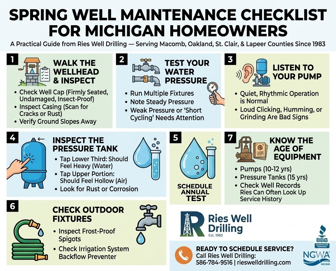 Infographic checklist for spring well maintenance in Michigan, featuring wellhead inspection, water pressure testing, pump listening, and water quality testing with the Ries Well Drilling logo.