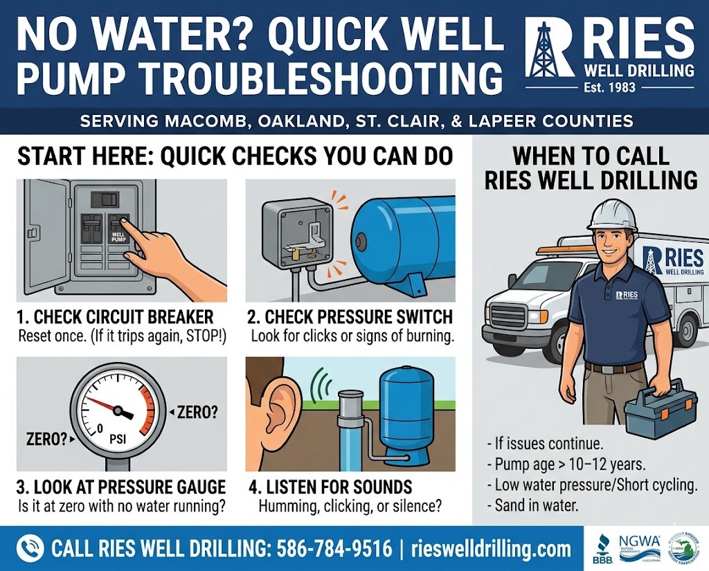 Infographic showing well pump troubleshooting steps including circuit breaker, pressure switch, and gauge checks for Michigan homeowners.