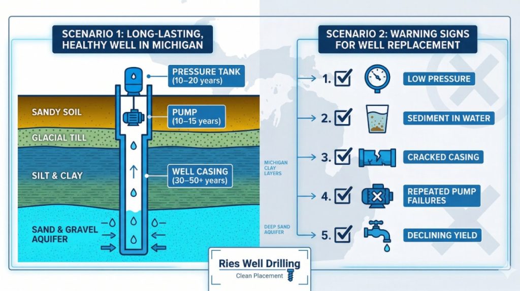 Infographic showing water well component lifespans and warning signs it's time to replace a well in Michigan