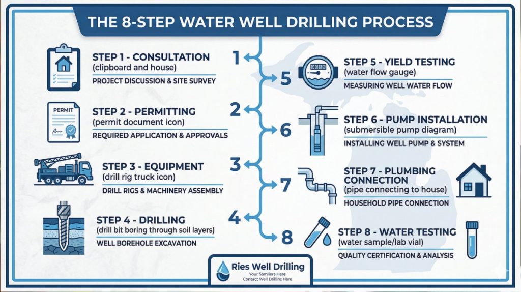 Infographic showing the 8-step water well drilling process for Southeast Michigan homeowners, from consultation and permitting through pump installation and water testing