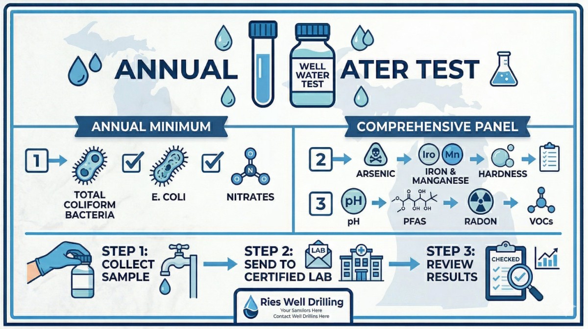 Infographic showing what private well owners in Michigan should test their water for annually, including bacteria, nitrates, arsenic, PFAS, and other contaminants