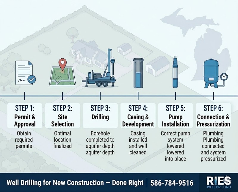tep-by-step infographic showing the residential water well installation process for new home builds in Bruce Township, Macomb County, Michigan