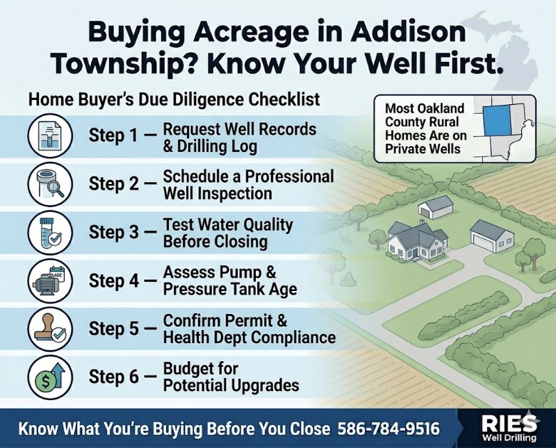Home buyer due diligence checklist infographic for private well systems on rural acreage properties in Addison Township, Oakland County, Michigan