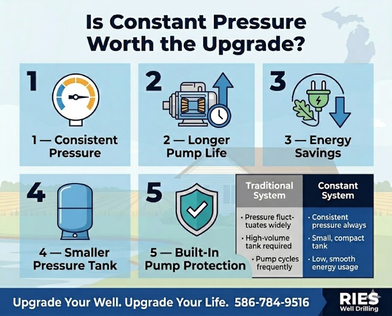 Infographic showing the benefits of upgrading to a constant pressure well system for homeowners in St. Clair County, Michigan