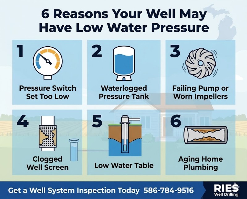 Diagnostic infographic showing six common causes of low water pressure in residential well systems for Ray Township, Macomb County, Michigan homeowners