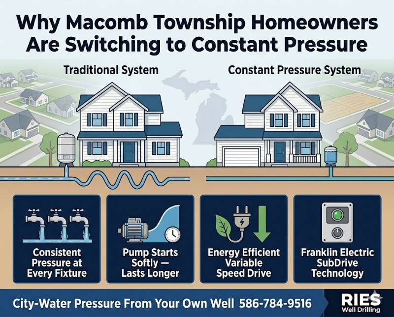 Infographic comparing traditional and constant pressure well systems for homeowners in Macomb Township, Michigan showing benefits of upgrading to variable speed drive technology