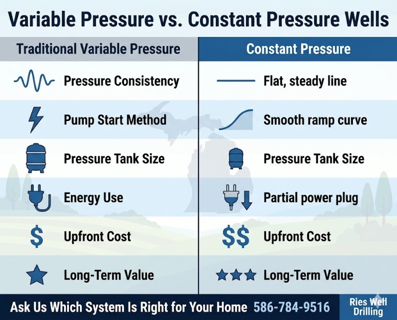 Comparison infographic of variable pressure vs constant pressure well systems for homeowners in Richmond and Lenox Township, Macomb County, Michigan