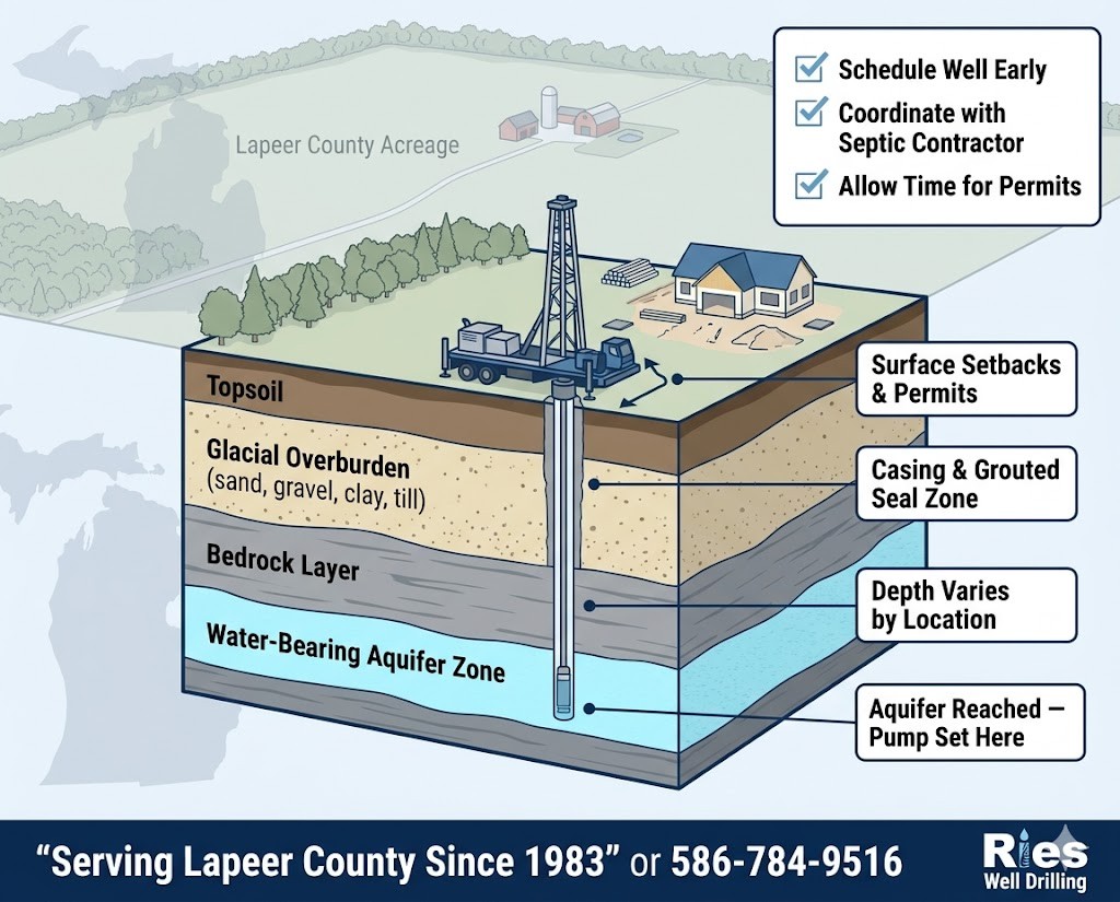 eological cross-section infographic showing what to expect when drilling a water well in Lapeer County, Michigan including Metamora and Dryden Township