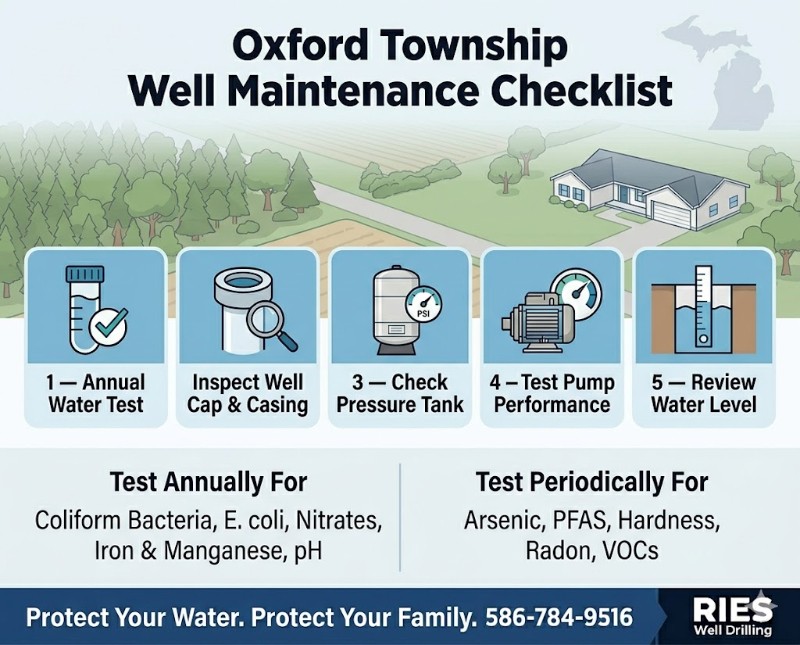 Infographic showing a well maintenance checklist and water testing guide for private well owners in Oxford Township, Oakland County, Michigan
