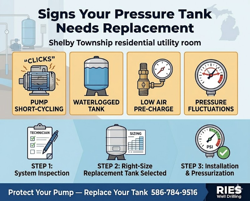 Infographic showing the warning signs of a failing pressure tank and the replacement process for well system homeowners in Shelby Township, Macomb County, Michigan