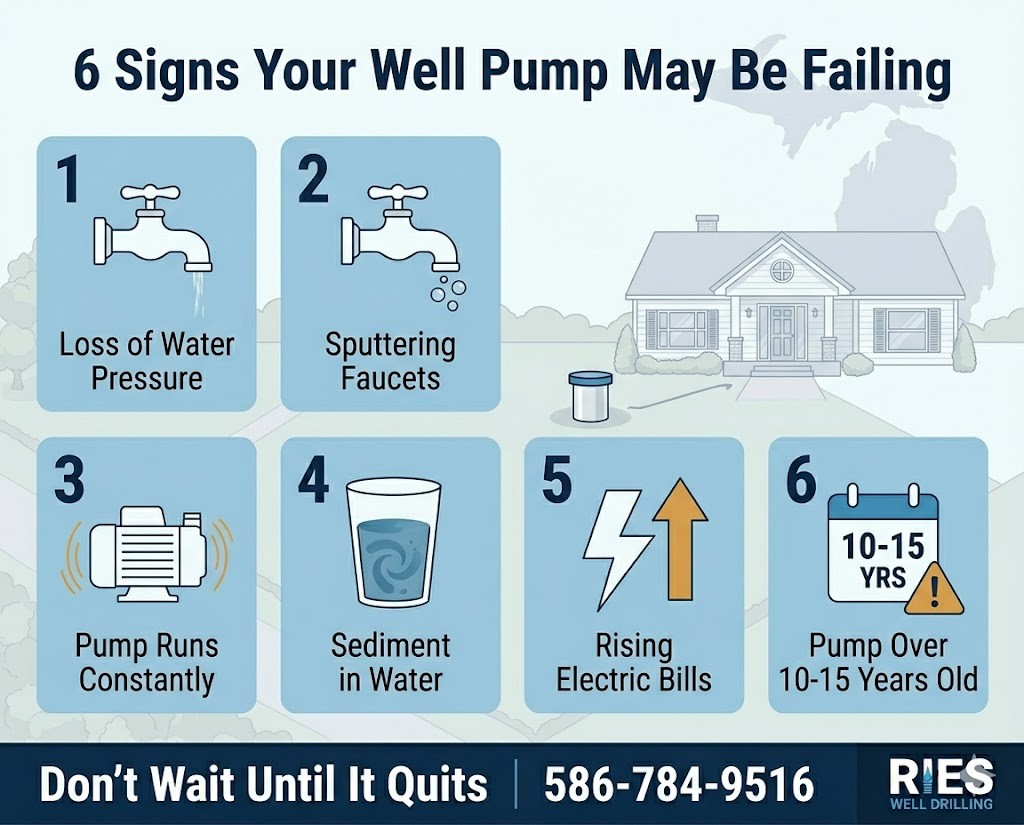 Infographic showing six warning signs of a failing well pump for homeowners in Armada, Michigan and Macomb County