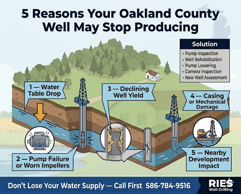 Diagnostic infographic showing five reasons a residential water well may stop producing in Oakland County, Michigan and what Ries Well Drilling can do about it