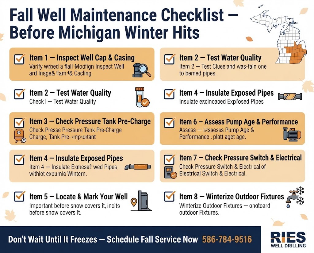 Eight-point fall well maintenance checklist infographic for private well homeowners in Michigan preparing for winter, covering pumps, tanks, pipes, and water quality