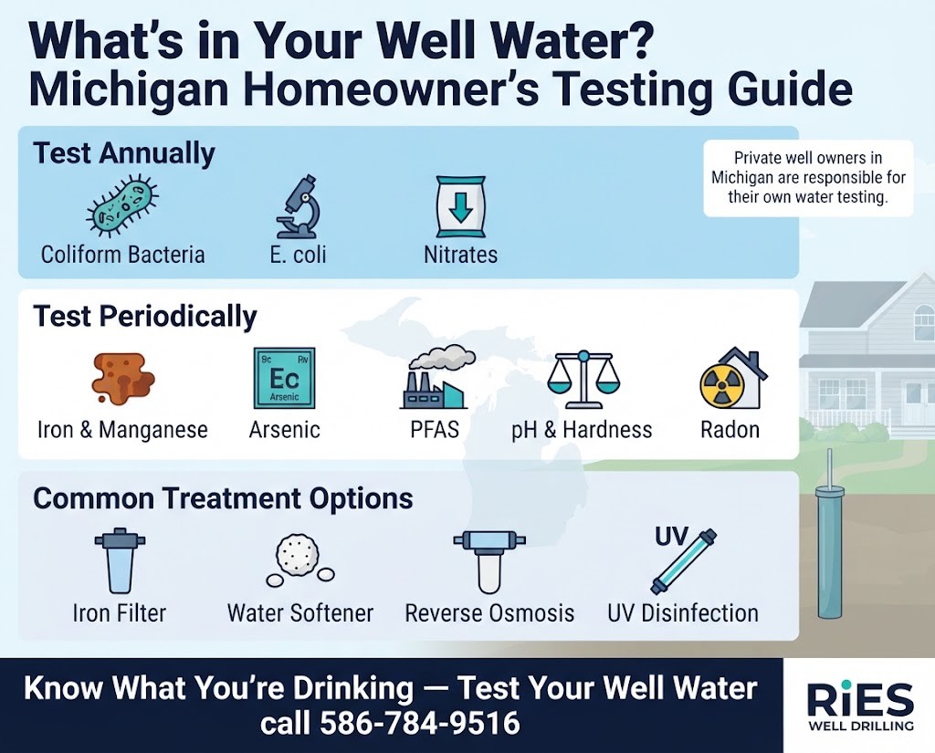 Three-section infographic showing annual and periodic well water testing recommendations and common treatment options for Michigan private well homeowners