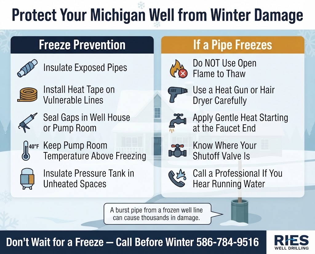 Two-column winter well protection infographic showing freeze prevention steps and what to do if a well pipe freezes for Michigan homeowners