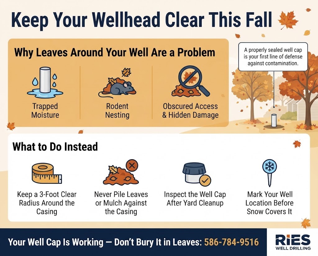 Seasonal infographic showing why autumn leaves around a wellhead create problems and four steps to protect your well casing during Michigan fall yard cleanup