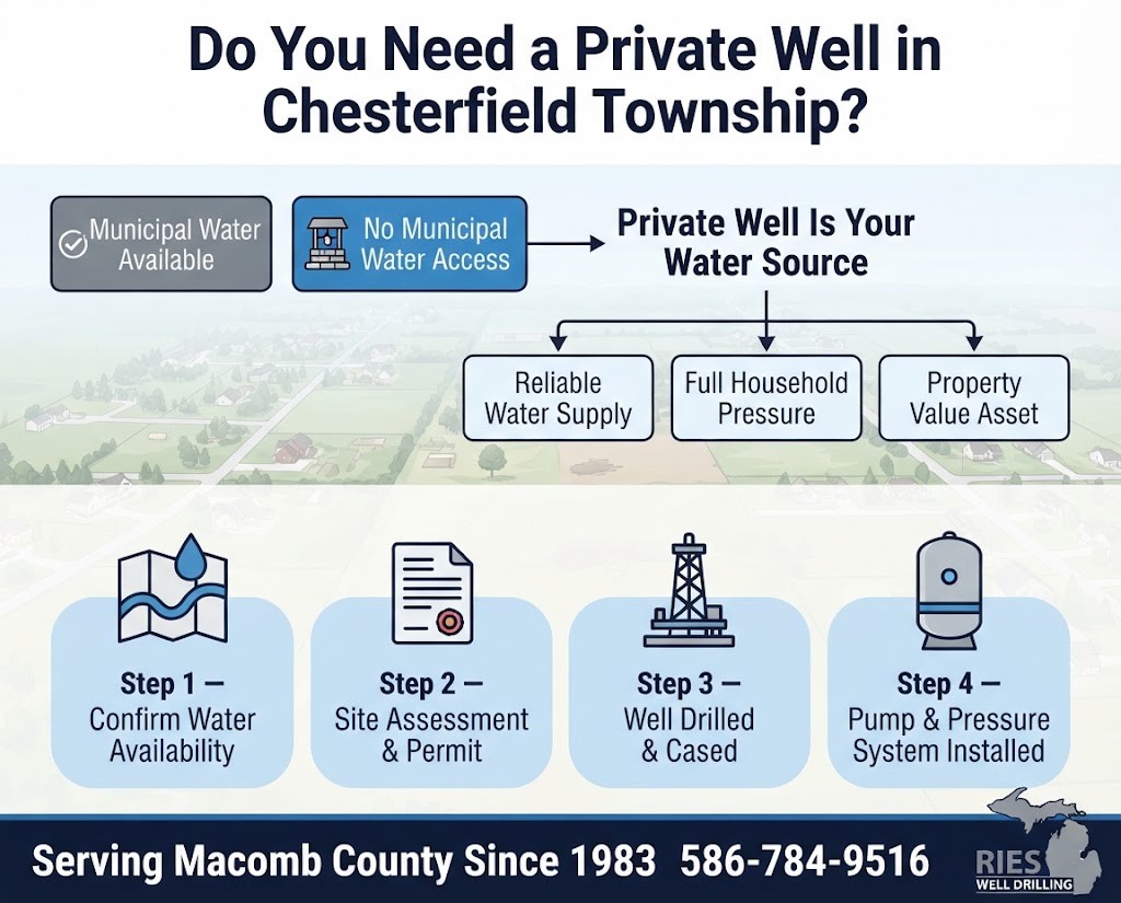 Decision flow and well installation steps infographic for Chesterfield Township, Macomb County homeowners on rural lots without municipal water access