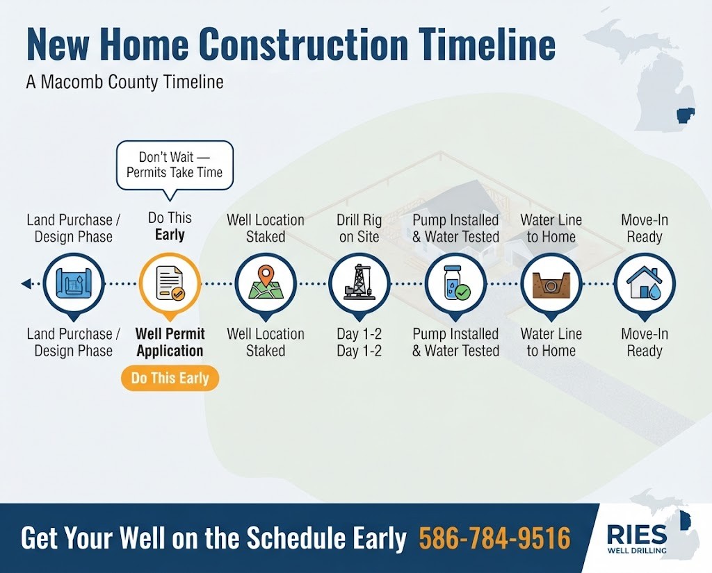 New home construction well drilling timeline infographic for Lenox Township and Richmond, Michigan homeowners showing permit to move-in milestones