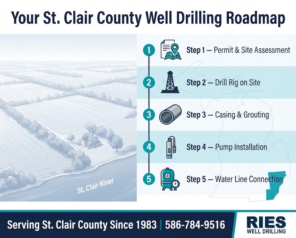 Well drilling process roadmap infographic for Clay Township and Cottrellville Township homeowners in St. Clair County, Michigan
