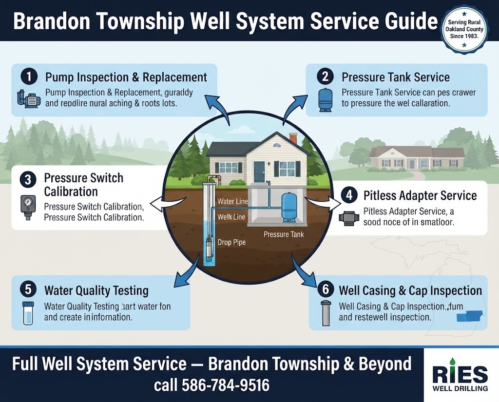 Well system service guide infographic showing six service areas for homeowners in Brandon Township, Oakland County, Michigan including pump, pressure tank, and water quality