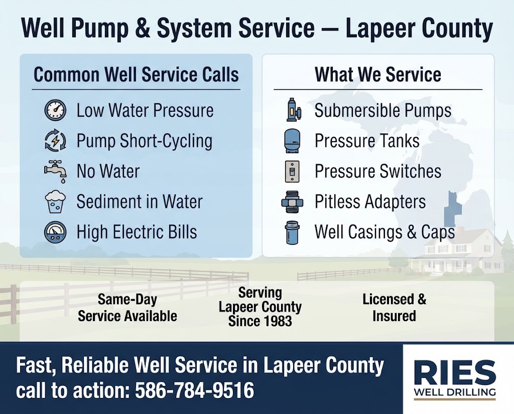 Well pump and system service infographic for homeowners in Metamora and Hadley Township, Lapeer County, Michigan showing common service calls and components serviced